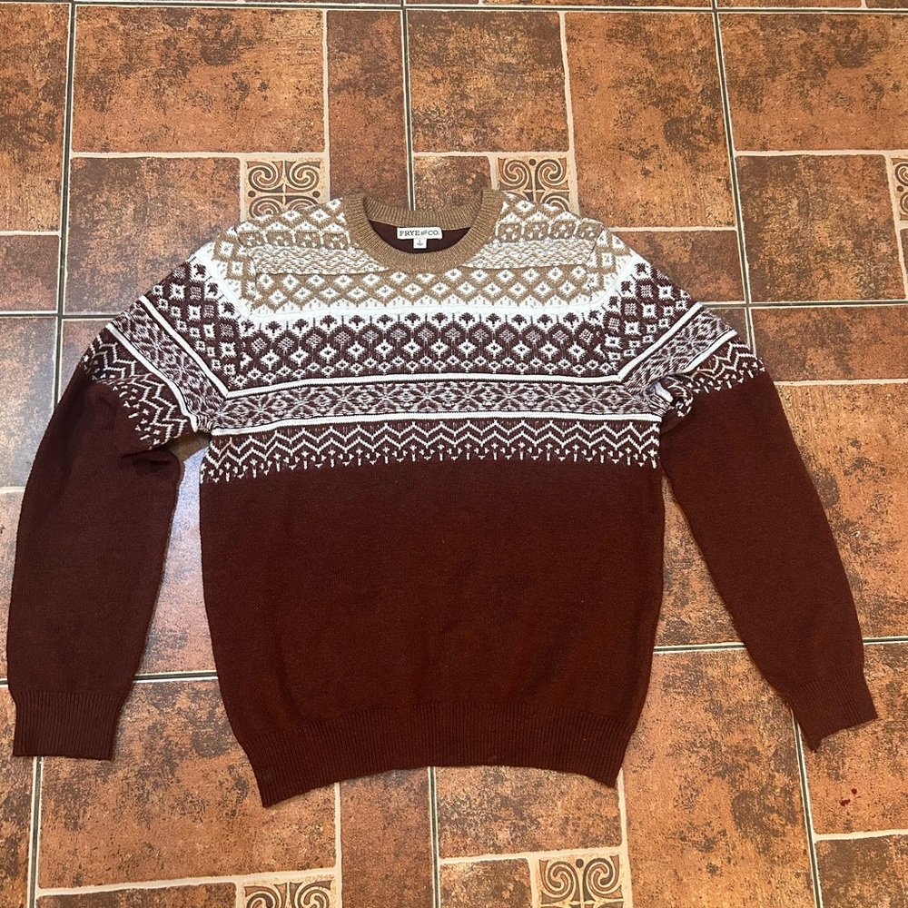 FRYE AND CO. Men's Brown and Cream Patterned Crewneck Sweater